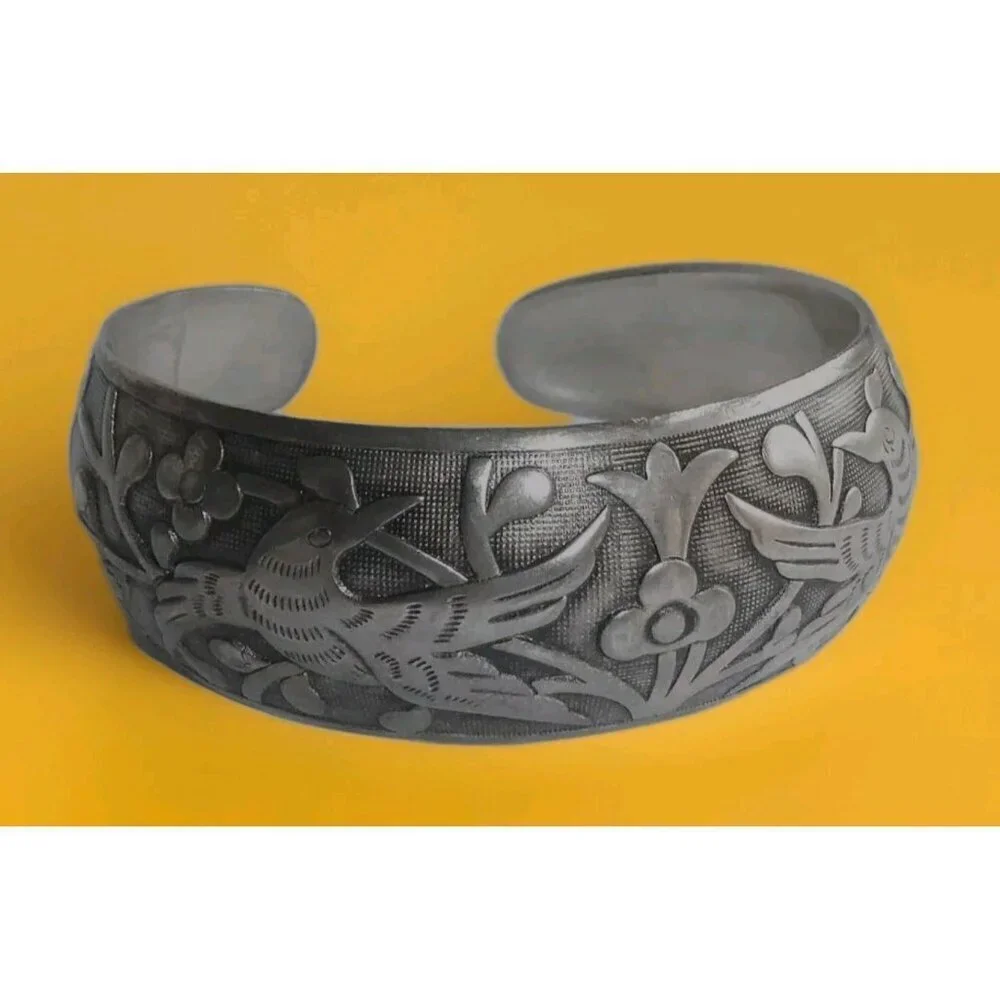Ethnic‎ Chinese Sterling silver Cuff Bracelet Birds & Flowers